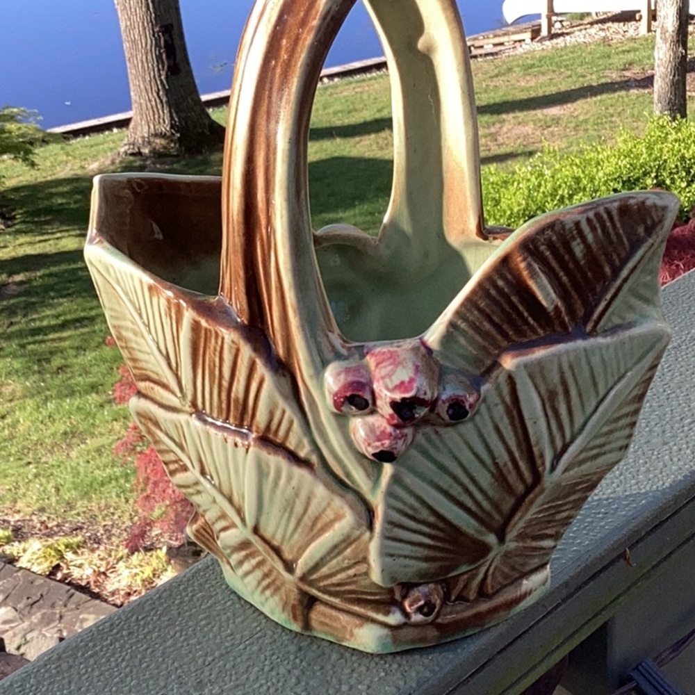 Vintage McCoy leaf and berriy pottery basket planter